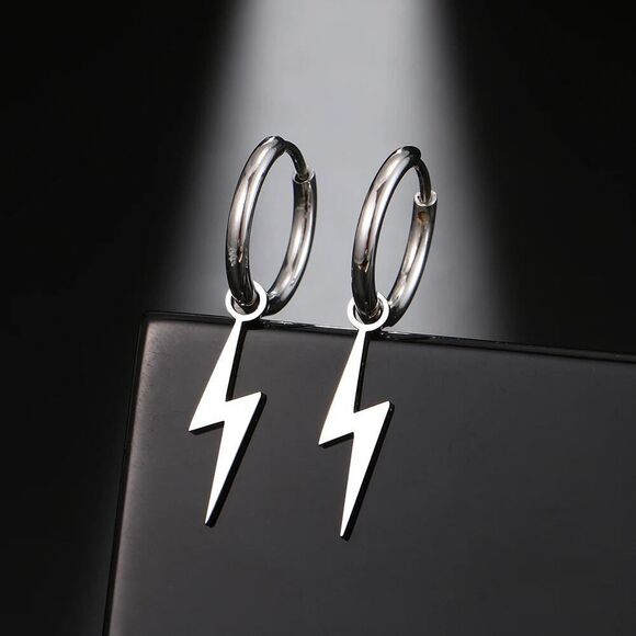 Silver Hoop Lightening Bolt Earring‎ - Picture 3 of 8